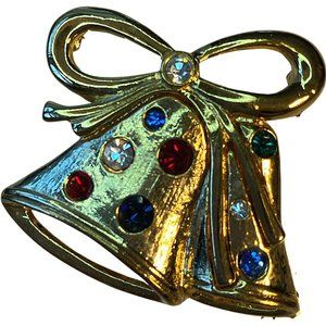Vintage Golden Bells Brooch with Multicolored Gems - NEW